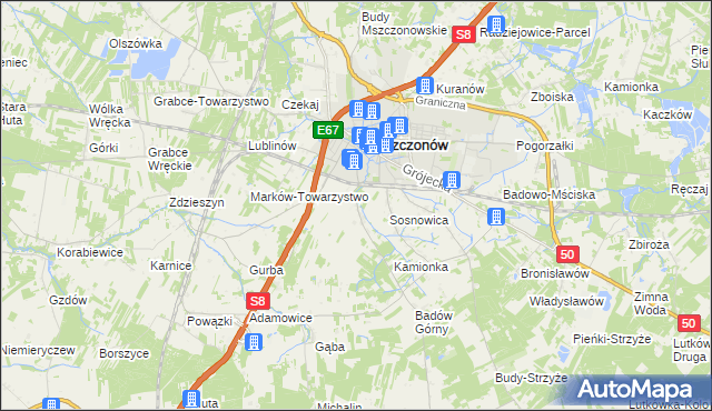 mapa Wymysłów gmina Mszczonów, Wymysłów gmina Mszczonów na mapie Targeo