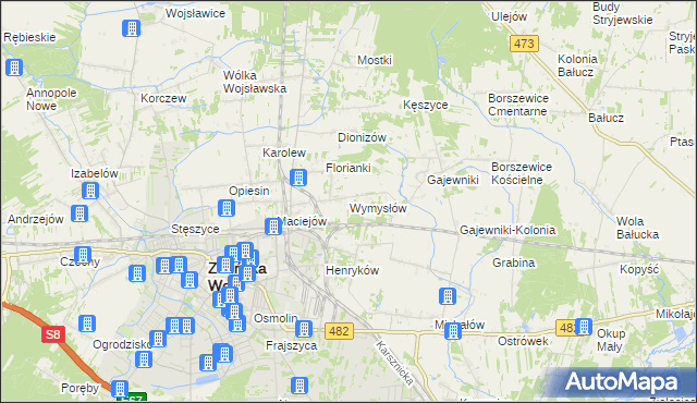 mapa Wymysłów gmina Zduńska Wola, Wymysłów gmina Zduńska Wola na mapie Targeo