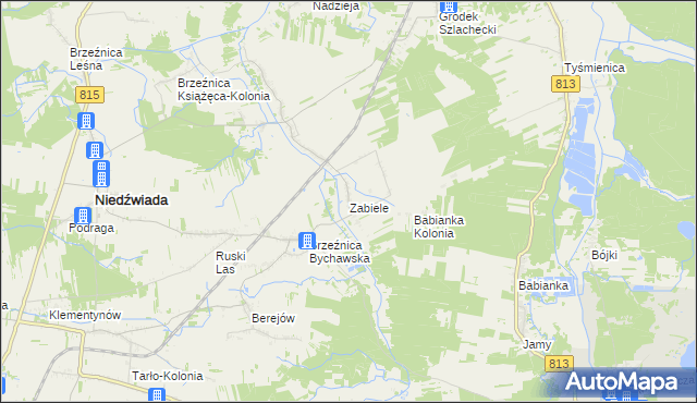 mapa Zabiele gmina Niedźwiada, Zabiele gmina Niedźwiada na mapie Targeo