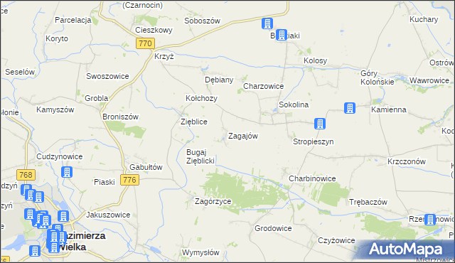 mapa Zagajów gmina Czarnocin, Zagajów gmina Czarnocin na mapie Targeo