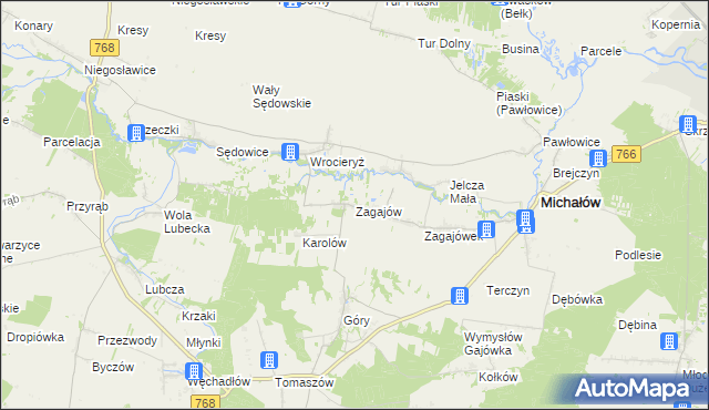 mapa Zagajów gmina Michałów, Zagajów gmina Michałów na mapie Targeo