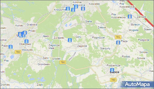 mapa Zagórze gmina Babice, Zagórze gmina Babice na mapie Targeo