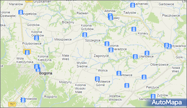 mapa Zagorzyce gmina Bogoria, Zagorzyce gmina Bogoria na mapie Targeo