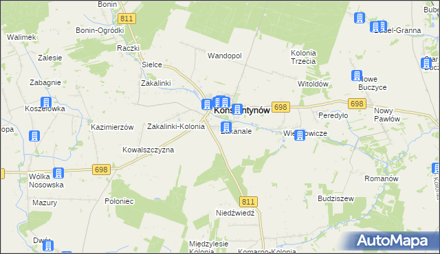 mapa Zakanale gmina Konstantynów, Zakanale gmina Konstantynów na mapie Targeo