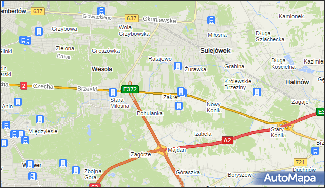 mapa Zakręt gmina Wiązowna, Zakręt gmina Wiązowna na mapie Targeo