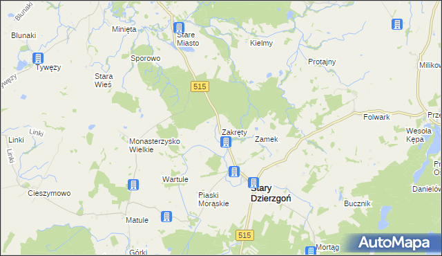 mapa Zakręty gmina Stary Dzierzgoń, Zakręty gmina Stary Dzierzgoń na mapie Targeo