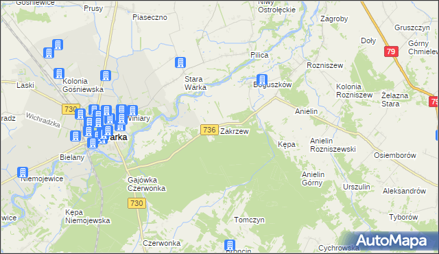 mapa Zakrzew gmina Grabów nad Pilicą, Zakrzew gmina Grabów nad Pilicą na mapie Targeo