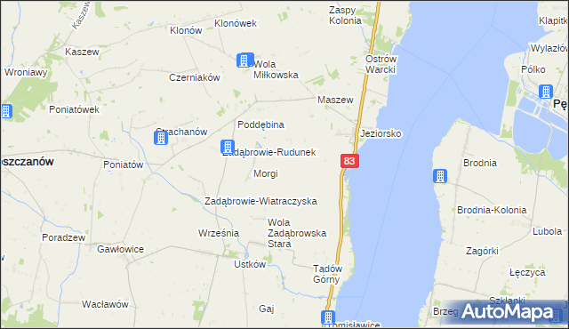 mapa Zakrzew gmina Warta, Zakrzew gmina Warta na mapie Targeo