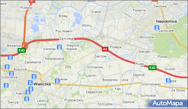 mapa Zakrzów gmina Niepołomice, Zakrzów gmina Niepołomice na mapie Targeo