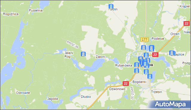 mapa Załom gmina Człopa, Załom gmina Człopa na mapie Targeo