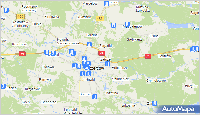 mapa Załuże gmina Szczerców, Załuże gmina Szczerców na mapie Targeo