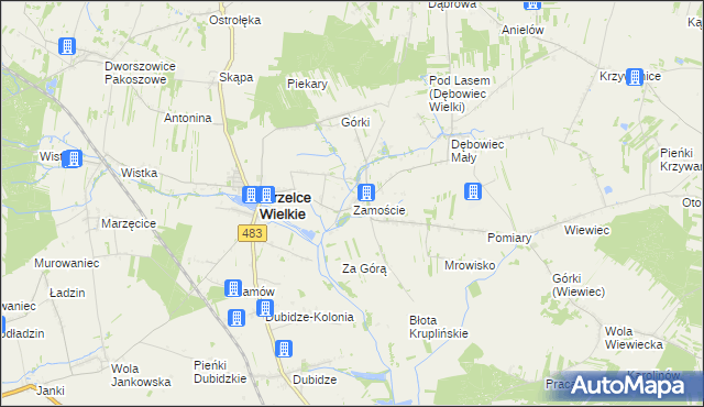 mapa Zamoście gmina Strzelce Wielkie, Zamoście gmina Strzelce Wielkie na mapie Targeo