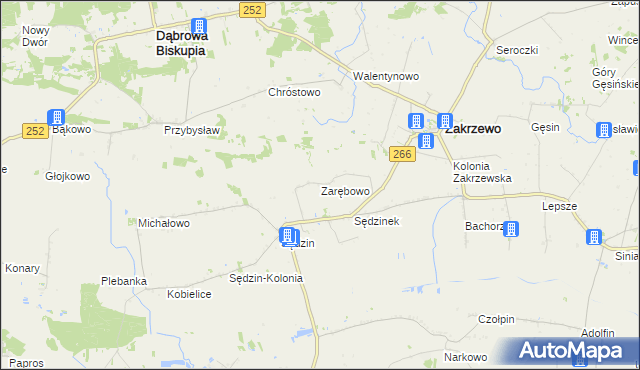 mapa Zarębowo gmina Zakrzewo, Zarębowo gmina Zakrzewo na mapie Targeo