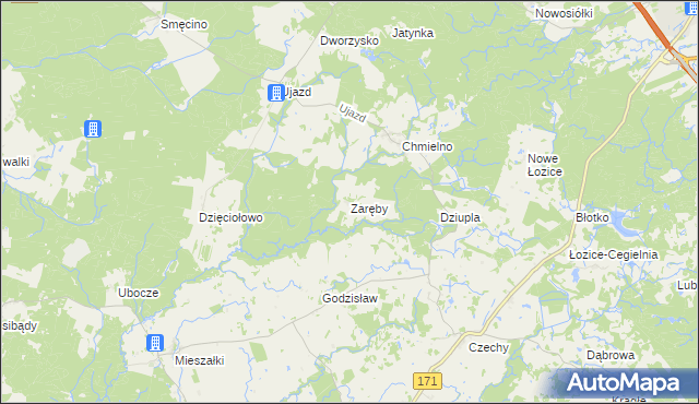 mapa Zaręby gmina Bobolice, Zaręby gmina Bobolice na mapie Targeo