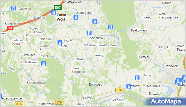 mapa Zaręby gmina Żabia Wola, Zaręby gmina Żabia Wola na mapie Targeo