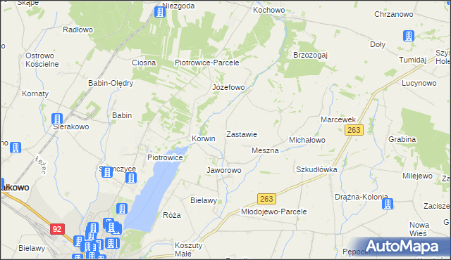 mapa Zastawie gmina Słupca, Zastawie gmina Słupca na mapie Targeo