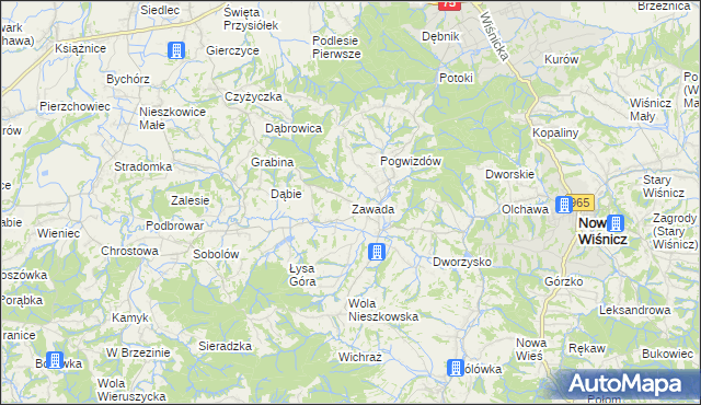 mapa Zawada gmina Bochnia, Zawada gmina Bochnia na mapie Targeo