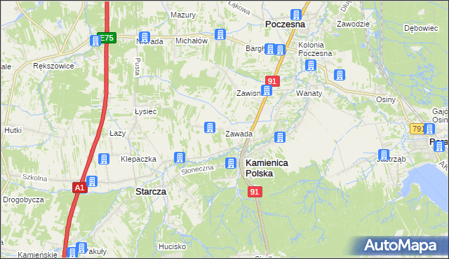 mapa Zawada gmina Kamienica Polska, Zawada gmina Kamienica Polska na mapie Targeo