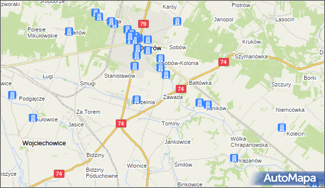 mapa Zawada gmina Ożarów, Zawada gmina Ożarów na mapie Targeo