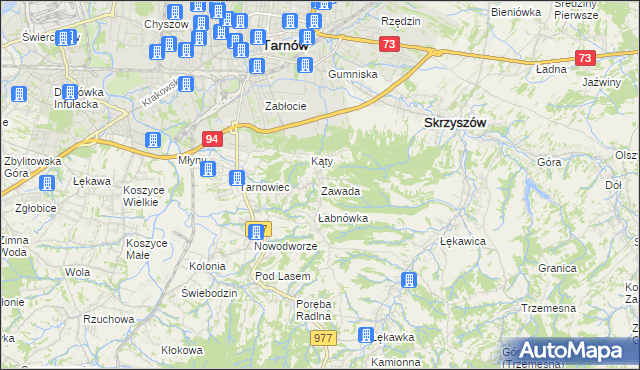 mapa Zawada gmina Tarnów, Zawada gmina Tarnów na mapie Targeo