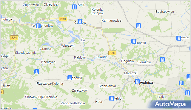 mapa Zawada gmina Wąwolnica, Zawada gmina Wąwolnica na mapie Targeo