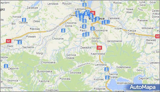 mapa Zawadka gmina Wadowice, Zawadka gmina Wadowice na mapie Targeo