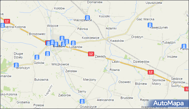 mapa Zawady gmina Błaszki, Zawady gmina Błaszki na mapie Targeo