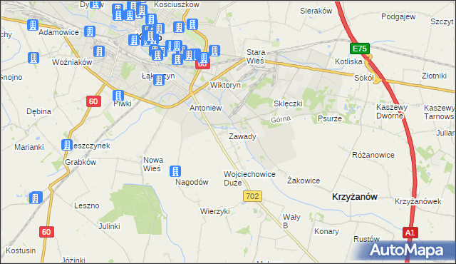 mapa Zawady gmina Krzyżanów, Zawady gmina Krzyżanów na mapie Targeo
