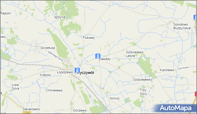 mapa Zawady gmina Ryczywół, Zawady gmina Ryczywół na mapie Targeo