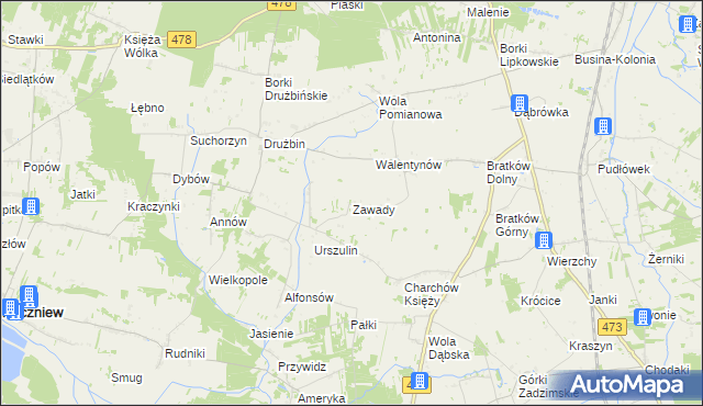 mapa Zawady gmina Zadzim, Zawady gmina Zadzim na mapie Targeo