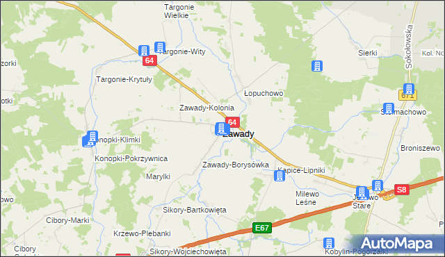 mapa Zawady powiat białostocki, Zawady powiat białostocki na mapie Targeo