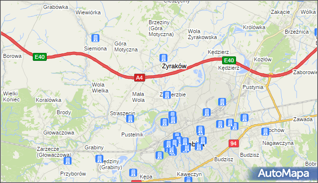 mapa Zawierzbie gmina Żyraków, Zawierzbie gmina Żyraków na mapie Targeo