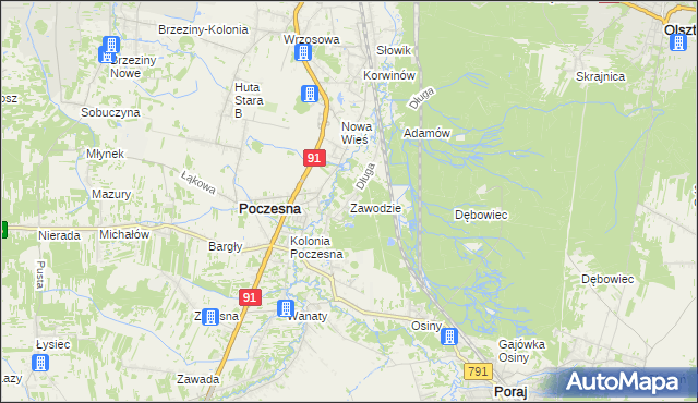 mapa Zawodzie gmina Poczesna, Zawodzie gmina Poczesna na mapie Targeo