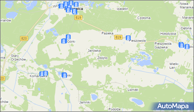 mapa Zbójno gmina Sosnowica, Zbójno gmina Sosnowica na mapie Targeo