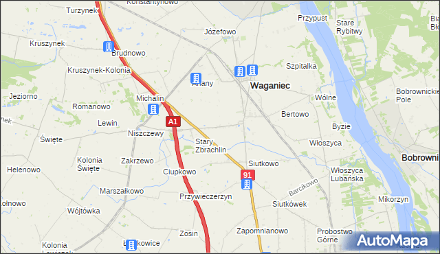 mapa Zbrachlin gmina Waganiec, Zbrachlin gmina Waganiec na mapie Targeo