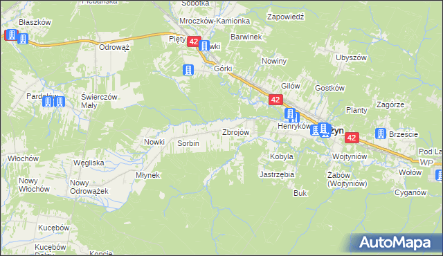 mapa Zbrojów gmina Bliżyn, Zbrojów gmina Bliżyn na mapie Targeo