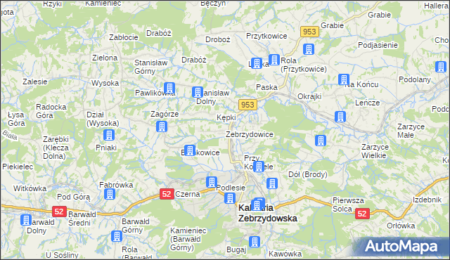 mapa Zebrzydowice gmina Kalwaria Zebrzydowska, Zebrzydowice gmina Kalwaria Zebrzydowska na mapie Targeo