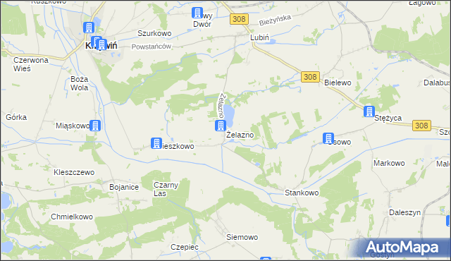 mapa Żelazno gmina Krzywiń, Żelazno gmina Krzywiń na mapie Targeo