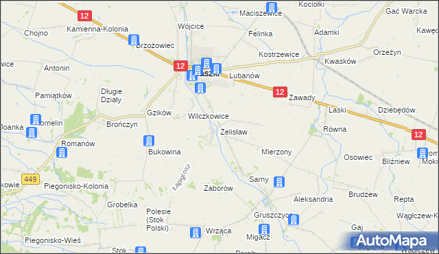 mapa Żelisław gmina Błaszki, Żelisław gmina Błaszki na mapie Targeo