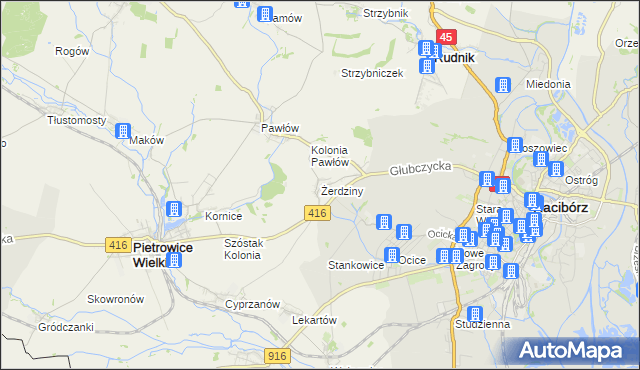 mapa Żerdziny gmina Pietrowice Wielkie, Żerdziny gmina Pietrowice Wielkie na mapie Targeo