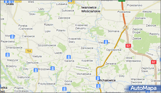 mapa Żerkowice gmina Iwanowice, Żerkowice gmina Iwanowice na mapie Targeo