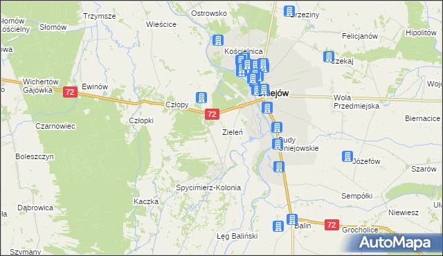 mapa Zieleń gmina Uniejów, Zieleń gmina Uniejów na mapie Targeo