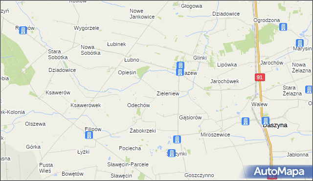 mapa Zieleniew gmina Daszyna, Zieleniew gmina Daszyna na mapie Targeo