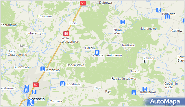 mapa Zielona gmina Ojrzeń, Zielona gmina Ojrzeń na mapie Targeo