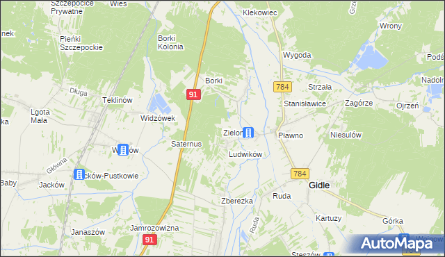 mapa Zielonka gmina Gidle, Zielonka gmina Gidle na mapie Targeo