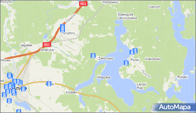 mapa Zielonowo gmina Stawiguda, Zielonowo gmina Stawiguda na mapie Targeo