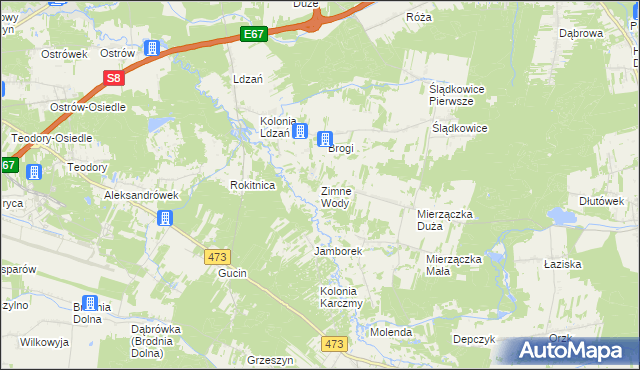 mapa Zimne Wody gmina Dobroń, Zimne Wody gmina Dobroń na mapie Targeo