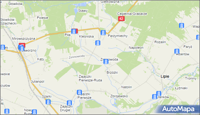 mapa Zimnowoda gmina Lipie, Zimnowoda gmina Lipie na mapie Targeo