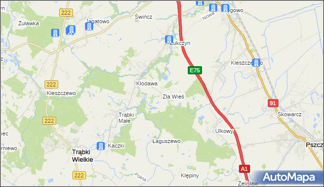 mapa Zła Wieś gmina Trąbki Wielkie, Zła Wieś gmina Trąbki Wielkie na mapie Targeo