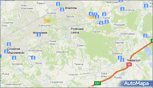 mapa Żółwin gmina Brwinów, Żółwin gmina Brwinów na mapie Targeo